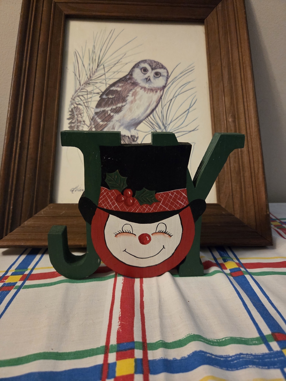 Wooden JOY Snowman Table Accent - Green and Red Holiday Decor Christmas